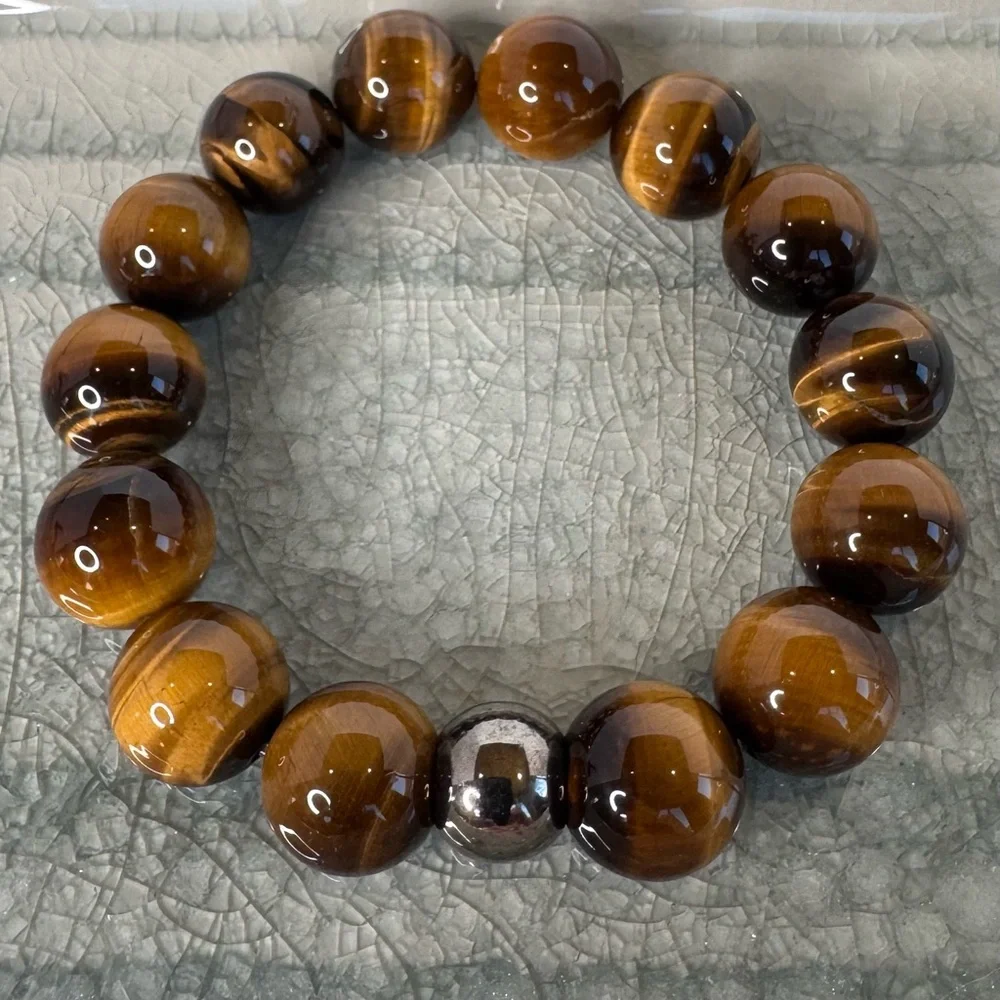Hand Crafted Tiger Eye Gemstone Beaded Stretch Bracelet 6.75” 14mm NWT